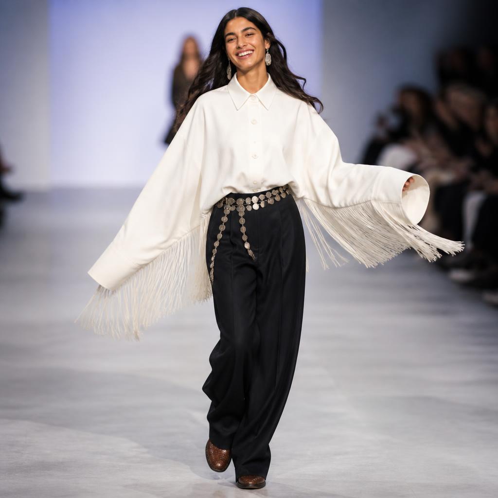 Model in an oversized white shirt with supersized fringed cuffs, black trousers and a coin belt, mid-stride on the runway