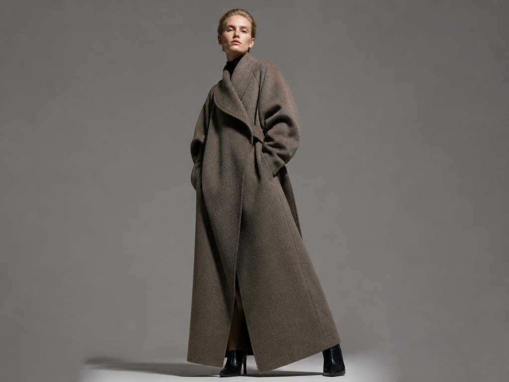 Model wearing a long draped oversized wool coat in cool studio light