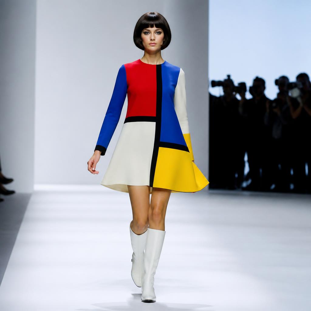 Model in a colour-blocked mod swing dress in primary red, blue and yellow with white go-go boots on the runway