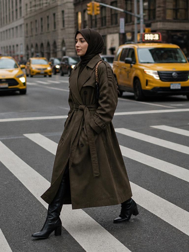 Woman in a belted olive trench coat crossing a busy street